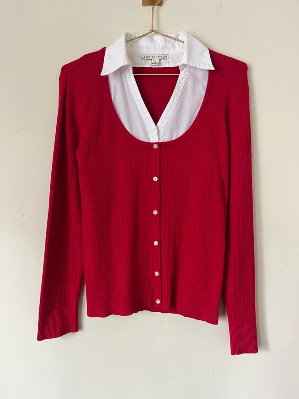 Carolyn Taylor Red Ribbed preppy  Button-Front Top with White Collar size L